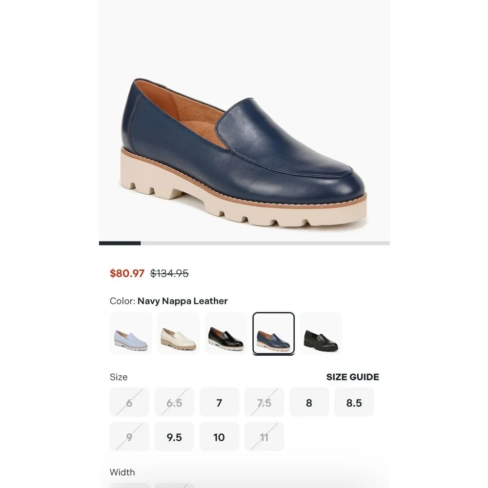 Vionic‎ Kensley Navy Nappa Leather Lug Sole Platform Loafers Womens 8.5